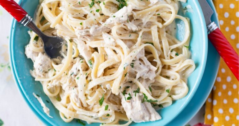 A bowl filled with Crock Pot Chicken Alfredo